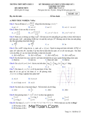 Đề thi học kỳ 1 Toán 12 năm 2017 - 2018 trường THPT Diễn Châu 3 - Nghệ An