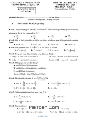 Đề thi giữa học kỳ 1 Toán 11 năm 2023 - 2024 trường THPT Lê Trọng Tấn - TP HCM
