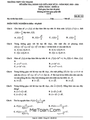 Đề Giữa Kỳ 2 Toán 12 Năm 2023 - 2024 Trường THPT Tây Thạnh - TP HCM