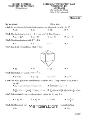 Đề KSCL Tốt Nghiệp THPT 2020 Lần 1 Toán 12 Trường THPT Tô Hiến Thành - Thanh Hóa