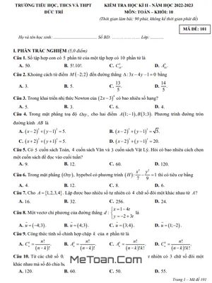 Đề thi học kì 2 Toán 10 năm 2022 – 2023 trường Đức Trí – Bình Dương