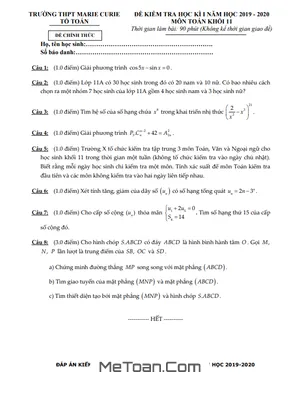 Đề thi HK1 Toán 11 năm 2019 - 2020 trường THPT Marie Curie - TP HCM