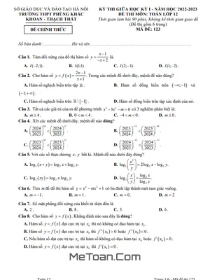Đề thi giữa kỳ 1 Toán 12 năm 2022 - 2023 trường THPT Phùng Khắc Khoan - Hà Nội
