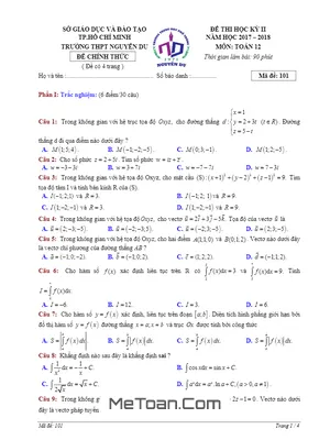 Đề thi HK2 Toán 12 năm học 2017 - 2018 trường THPT Nguyễn Du - TP. HCM (Có đáp án)