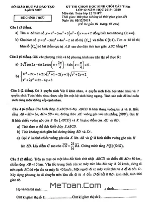 Đề thi học sinh giỏi tỉnh Toán 12 năm 2019 - 2020 sở GD&ĐT Lạng Sơn
