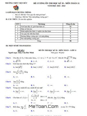 Bộ 5 Đề Ôn Tập Học Kì 2 Môn Toán Lớp 11 Năm 2022 - 2023 Trường THPT Việt Đức - Hà Nội