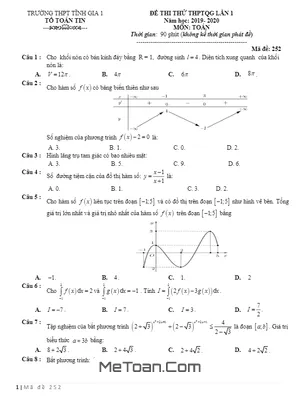 Đề thi thử THPTQG 2020 môn Toán lần 1 trường THPT Tĩnh Gia 1 – Thanh Hóa