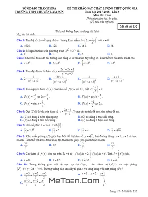 Đề thi KSCL THPT Quốc gia 2018 môn Toán trường chuyên Lam Sơn – Thanh Hóa lần 3 có đáp án