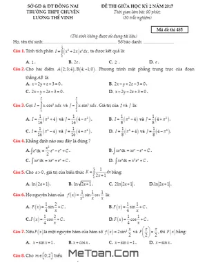 Đề thi giữa kì 2 môn Toán lớp 10 trường THPT chuyên Lương Thế Vinh - Đồng Nai năm 2017 (có đáp án)