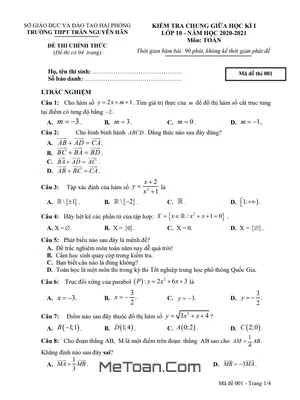 Đề thi giữa HK1 Toán 10 năm 2020 – 2021 trường THPT Trần Nguyên Hãn – Hải Phòng