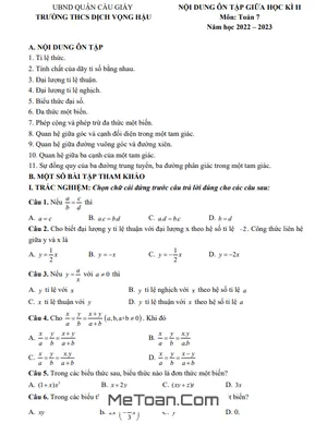 Đề Cương Ôn Tập Giữa Kì 2 Môn Toán Lớp 7 Năm 2022 - 2023 Trường THCS Dịch Vọng Hậu - Hà Nội