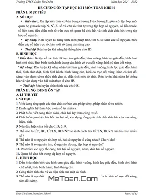 Đề Cương Ôn Tập Học Kì 1 Toán 6 Năm 2021 - 2022 Trường THCS Đoàn Thị Điểm - Hà Nội