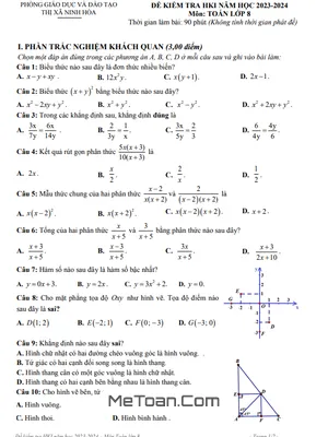 Đề thi học kì 1 Toán 8 năm 2023 - 2024 phòng GD&ĐT Ninh Hòa - Khánh Hòa