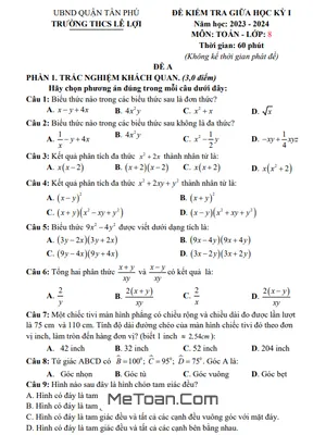 Đề giữa học kỳ 1 Toán 8 năm 2023 – 2024 trường THCS Lê Lợi – TP HCM