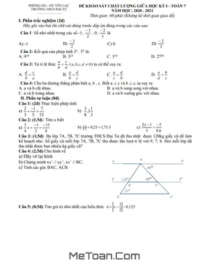Đề thi giữa kì 1 Toán 7 năm 2020 - 2021 trường THCS Đại Tự - Vĩnh Phúc