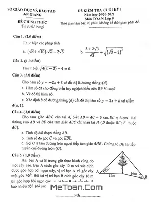Đề thi Toán 9 cuối kỳ 1 năm 2020 - 2021 sở GD&ĐT An Giang