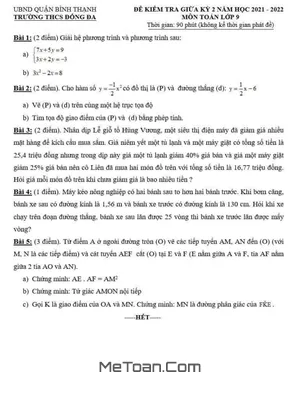 Đề kiểm tra giữa kỳ 2 Toán 9 năm 2021 - 2022 trường THCS Đống Đa - TP HCM