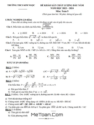 Đề khảo sát Toán 9 đầu năm 2023 – 2024 trường THCS Kim Ngọc – Vĩnh Phúc