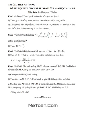 Đề thi học sinh giỏi Toán 8 năm 2022 - 2023 trường THCS An Trung - Nghệ An