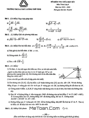 Đề Thi Giữa Kì 1 Toán 9 Năm 2023 - 2024 Trường Lương Thế Vinh - Hà Nội