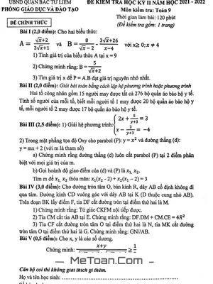 Đề thi học kỳ 2 Toán 9 năm 2021 - 2022 phòng GD&ĐT Bắc Từ Liêm - Hà Nội