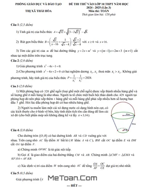 Đề thi thử Toán vào lớp 10 lần 3 năm 2024 - 2025 phòng GD&ĐT Thái Hòa - Nghệ An