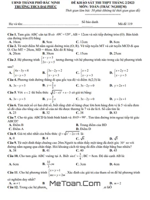 Đề khảo sát Toán thi THPT tháng 2 năm 2023 trường THCS Đại Phúc – Bắc Ninh