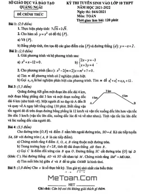 Đề thi tuyển sinh lớp 10 môn Toán năm 2021 - 2022 Sở GD&ĐT Quảng Ngãi