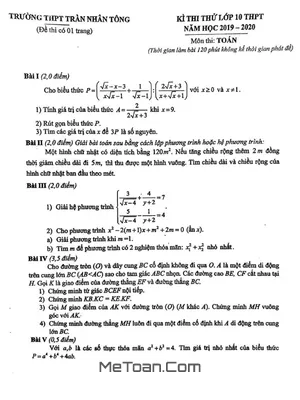 Đề thi thử Toán lớp 10 năm 2019 - 2020 trường Trần Nhân Tông - Hà Nội