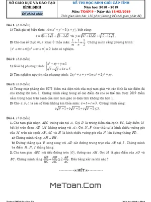 Đề thi học sinh giỏi cấp tỉnh Toán 9 năm 2018 - 2019 sở GD&ĐT Bình Định