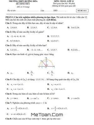Đề Thi Giữa Kỳ 1 Toán 11 Năm 2025 - 2026 THPT Hướng Hóa - Quảng Trị (Có Đáp Án)