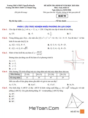 Đề kiểm tra Toán 12 tháng 01/2026 trường Nguyễn Khuyến & Lê Thánh Tông - TP.HCM