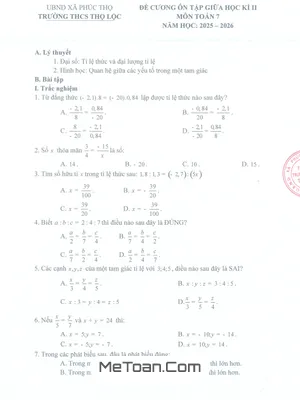 Đề Cương Giữa Học Kì 2 Môn Toán 7 Năm Học 2025 – 2026 Trường THCS Thọ Lộc – Hà Nội