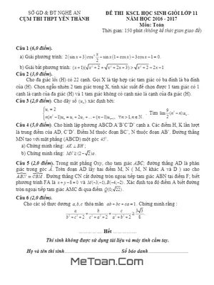 Đề thi KSCL học sinh giỏi Toán 11 năm 2016 - 2017 cụm thi THPT Yên Thành - Nghệ An