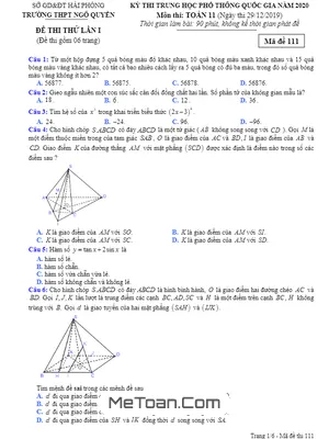 Đề thi thử Toán 11 THPT Quốc gia 2020 lần 1 trường Ngô Quyền – Hải Phòng