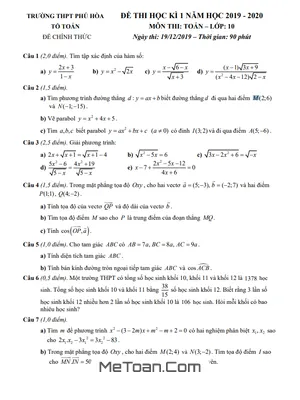 Đề thi học kỳ 1 Toán 10 năm 2019 - 2020 trường THPT Phú Hòa - TP.HCM