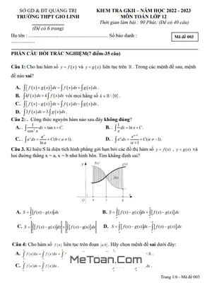 Đề Thi Giữa Kì 2 Toán 12 Năm 2022 - 2023 Trường THPT Gio Linh - Quảng Trị