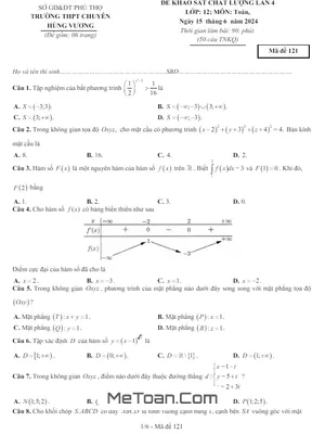 Đề khảo sát lần 4 Toán 12 năm 2023 - 2024 trường THPT chuyên Hùng Vương - Phú Thọ