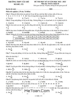 Đề thi học kỳ 2 Toán 10 năm 2022 - 2023 trường THPT Tây Hồ - Hà Nội