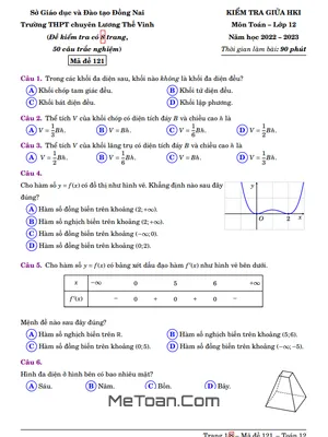 Đề thi giữa HK1 Toán 12 năm 2022 - 2023 trường chuyên Lương Thế Vinh - Đồng Nai