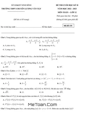 Đề học kỳ 2 Toán 12 năm 2022 – 2023 trường chuyên Lương Văn Tụy – Ninh Bình