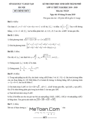 Đề thi chọn HSG thành phố Toán 12 năm 2019 - 2020 sở GD&ĐT Hà Nội