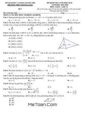Đề Thi Cuối Học Kì 2 Toán 11 Năm 2021 - 2022 Trường THPT Thăng Long - Hà Nội