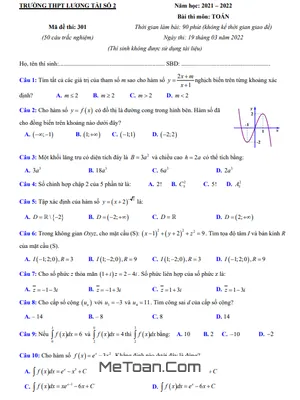 Đề thi thử Toán tốt nghiệp THPT 2022 lần 3 trường THPT Lương Tài 2 – Bắc Ninh