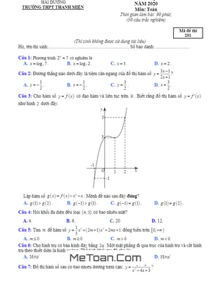 Đề thi thử Toán THPT Quốc gia 2020 lần 1 trường Thanh Miện - Hải Dương