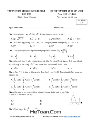 Đề thi thử THPT Quốc gia 2018 môn Toán trường THPT chuyên Quốc học Huế lần 2