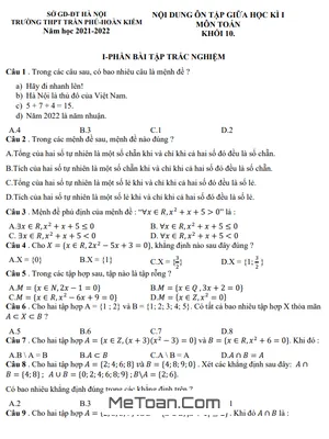 Đề cương ôn tập giữa kì 1 Toán 10 năm 2021 - 2022 trường THPT Trần Phú - Hà Nội