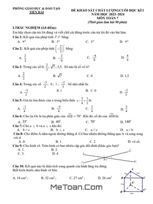 Đề thi học kì 1 Toán 7 năm 2023 - 2024 phòng GD&ĐT Tiền Hải - Thái Bình (có đáp án)