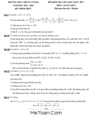 Đề thi giữa kì 2 Toán 9 năm 2021 - 2022 trường THCS Trưng Vương - Hà Nội