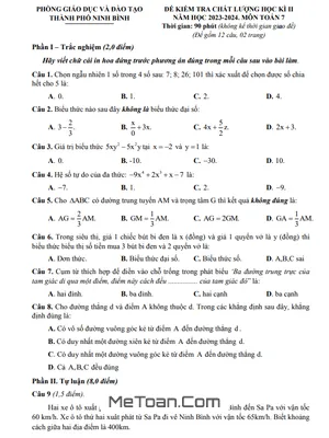 Đề thi học kì 2 Toán 7 năm 2023 - 2024 phòng GD&ĐT thành phố Ninh Bình